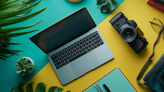 Creative Workspace Setup Featuring Laptop Camera Plants and Notebooks on Vibrant Background