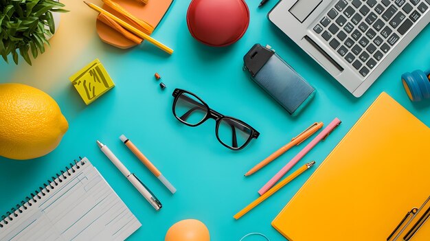 Photo creative workspace setup with laptop and office supplies on desk