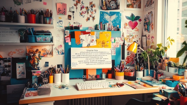 Photo creative workspace with colorful art supplies and artwork on the walls