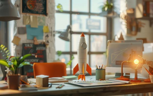 Photo creative workspace with design elements and a paper rocket