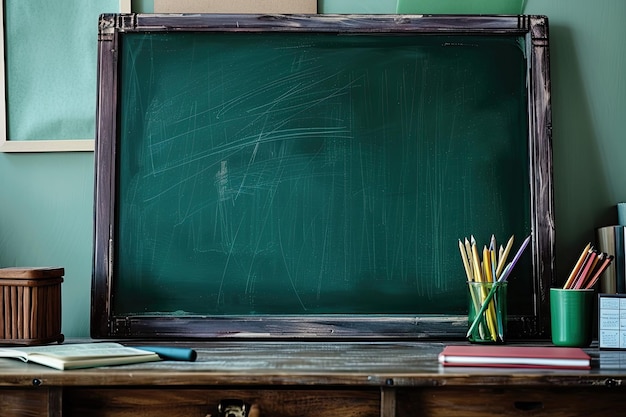 Creative workspace with green chalkboard