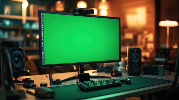 Creative workspace with green screen setup at night