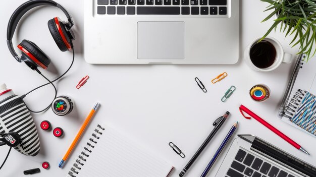 A creative workspace with a laptop headphones stationery and decorative items like a potted plant and colorful clips symbolizing vibrant productivity