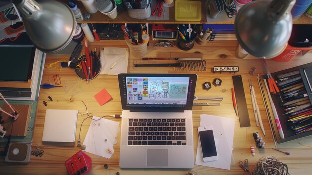 Photo creative workspace with laptop showing diy projects on a busy desk