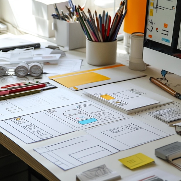 A creative workspace with mobile app design prototypes