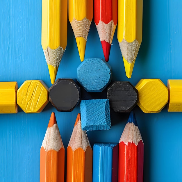 Photo creative workspace with school supplies and notebook