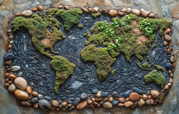 Photo a creative world map crafted from moss and stones showcasing a unique blend of nature and artistry