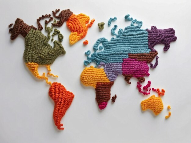 Photo creative world map made from colorful crochet wool on white background international crochet day