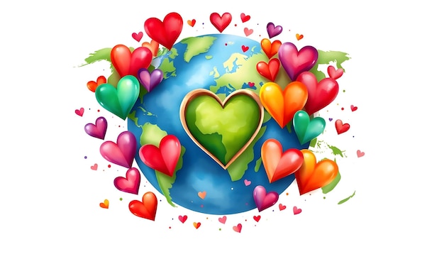 Photo creative world map with colorful hearts planet earth with love symbol tolerance peace and love