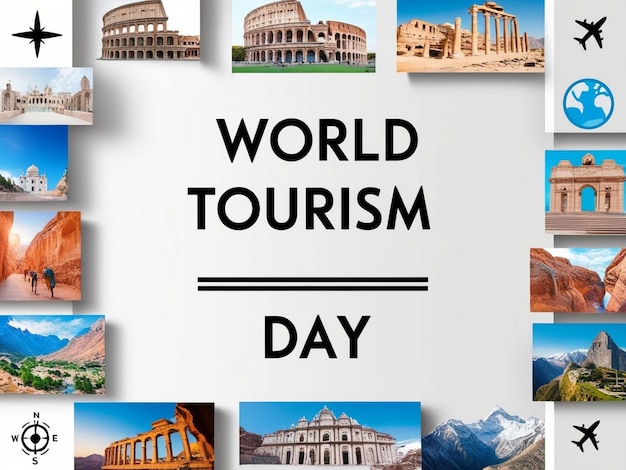 Creative World Tourism Day flyer template with adventure themes