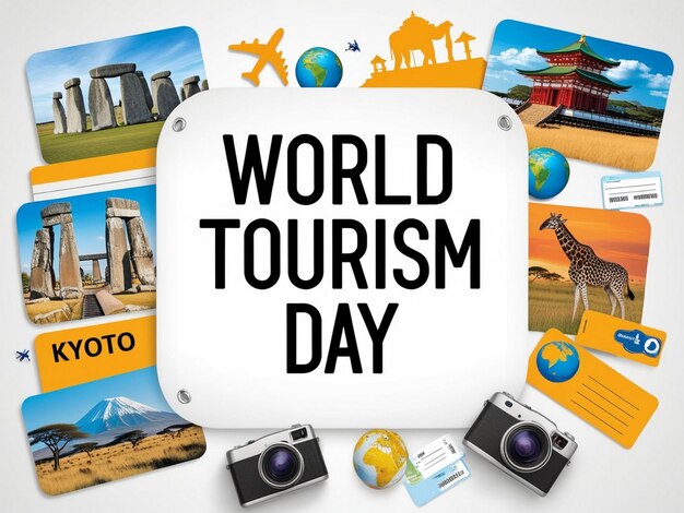 Creative World Tourism Day flyer template with adventure themes