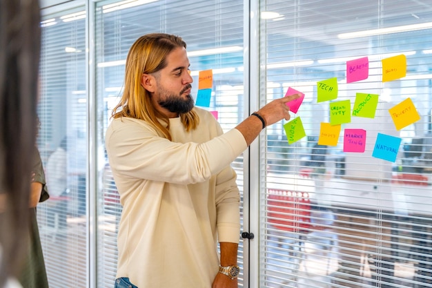 Creative young man next to a glass with adhesive notes