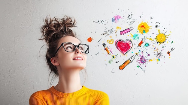 Photo a creative young woman in glasses smiles while colorful doodles and symbols float around her symbolizing inspiration and ideas