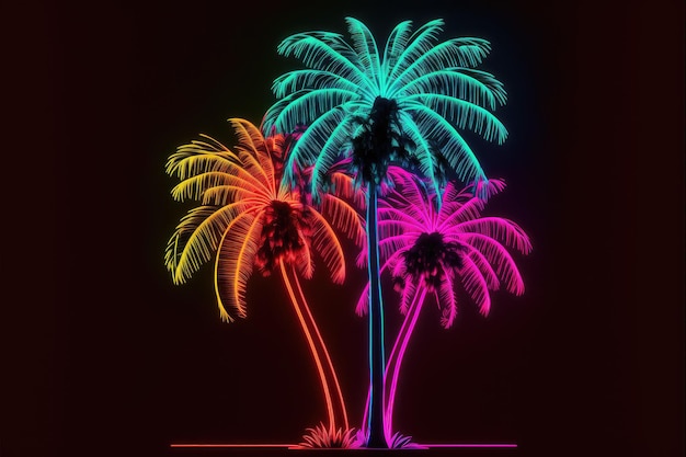 Creativity by neon palm isolated black background with reflective light