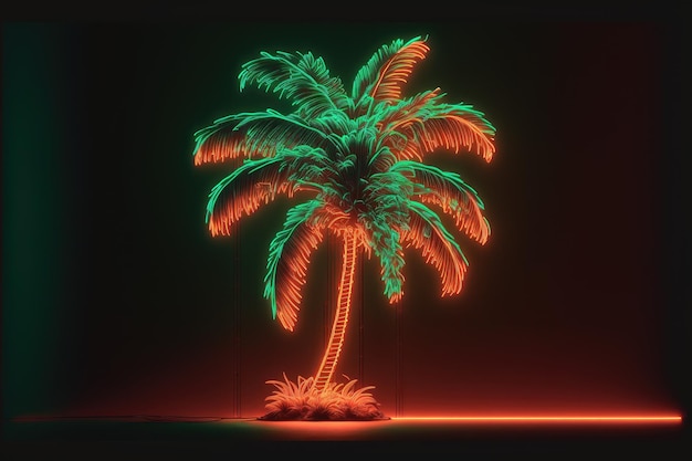 Photo creativity by neon palm isolated black background with reflective light