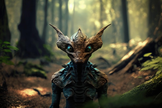 A creature with a blue eyes stands in a forest.