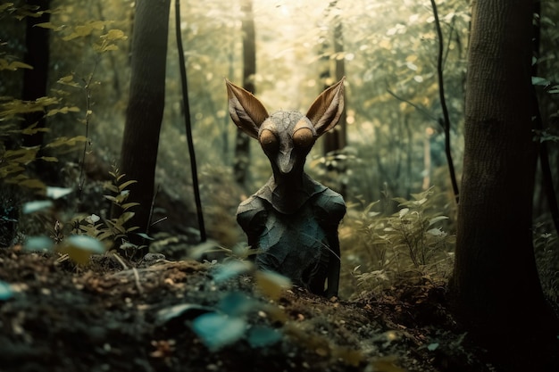 A creature with an earring on its head stands in a forest.