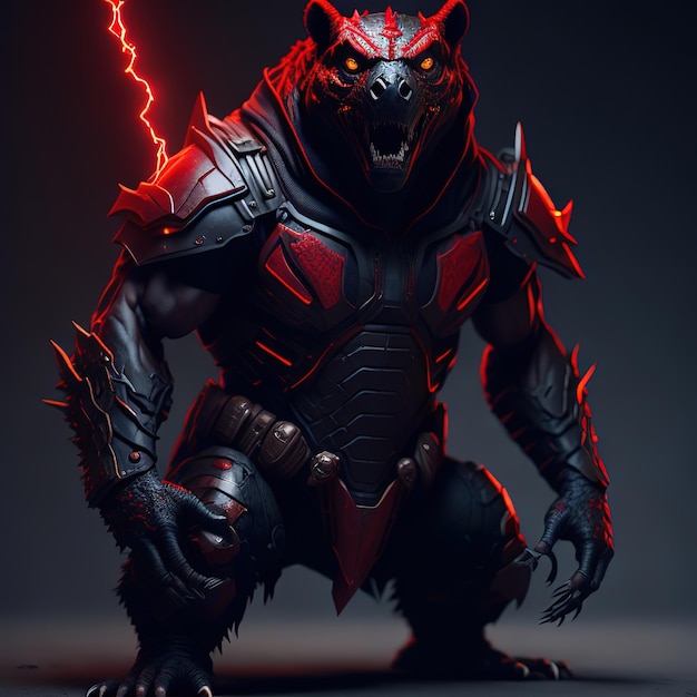 A creature with a red light on his chest and a black helmet with the word hell on it.