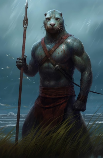 A creature with a staff in his hands is standing in the water.