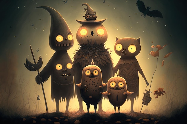 Creatures in a spooky Halloween illustration