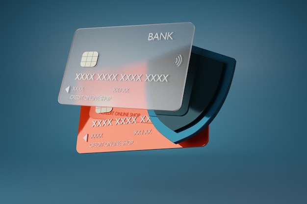 Credit bank card and shieldSecure credit card transaction in InternetCyber securityPayment protection conceptPayment credit cardlock card Business finance3D rendering illustration