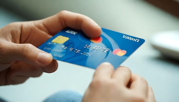 a credit card being held in a hand with a credit card in the background