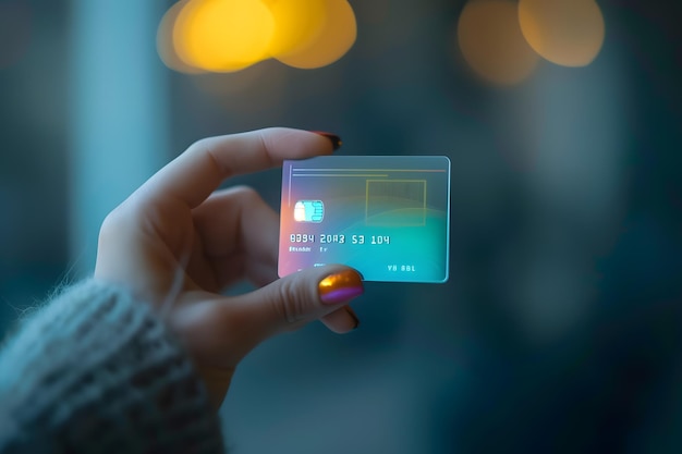 Credit card Color hologram in womans hand going shopping