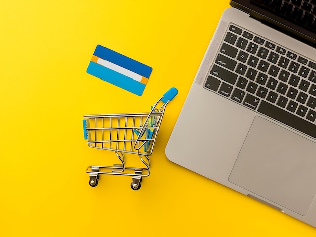 Photo a credit card next to a laptop and a shopping cart