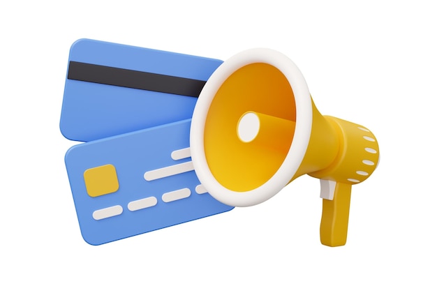 Credit card megaphone speaker 3d render illustration in minimal cartoon style isolated on white background