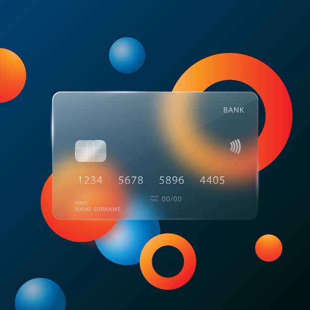 A credit card in the style of glasmophism on an abstract dark blue background