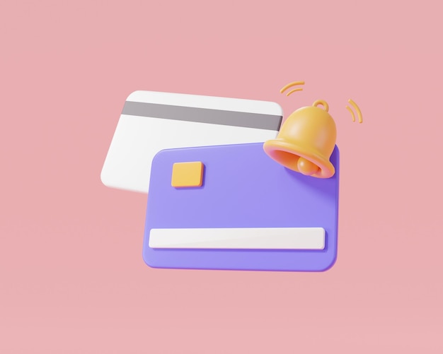 Credit card with bell notification icon payment notification payment due date alert or alarm reminder notification new notification concept about payment alert 3d rendering illustration