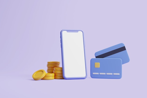 Credit card with golden coins and smartphone on purple background Online payment concept 3D render