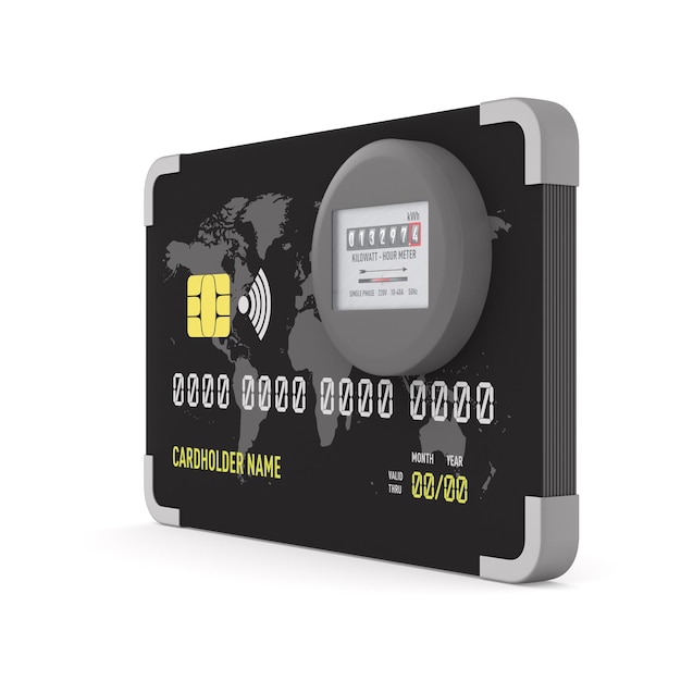 Credit card with kilowatt hour electric meter on white background Isolated 3D illustration