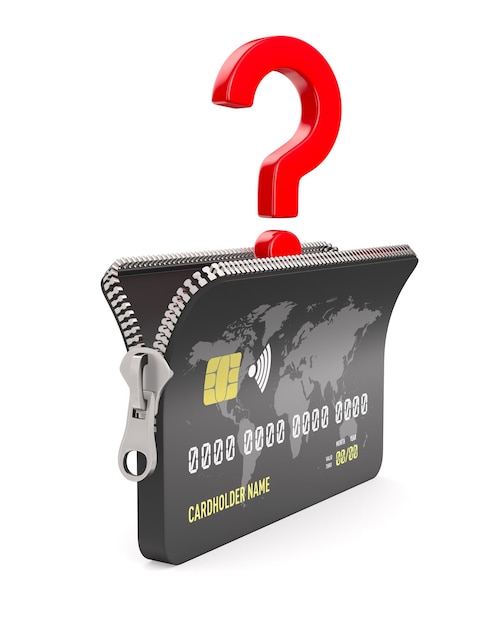 Credit card with zipper and question on white background Isolated 3D illustration