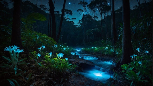 A creek in the middle of a green forest with lots of flowers