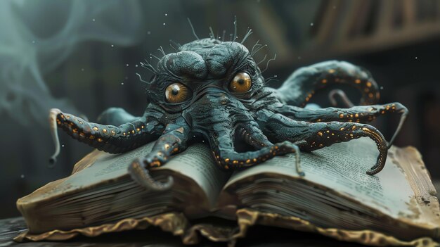 Photo a creepy 3d rendered octopus sits on an open book creating a dark and eerie scene