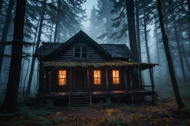 Photo a creepy abandoned cabin in the woods with gl