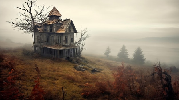 A creepy abandoned house on a misty hill