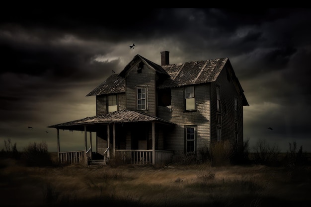 Creepy abandoned house with shadows and dust gathering on a stormy night