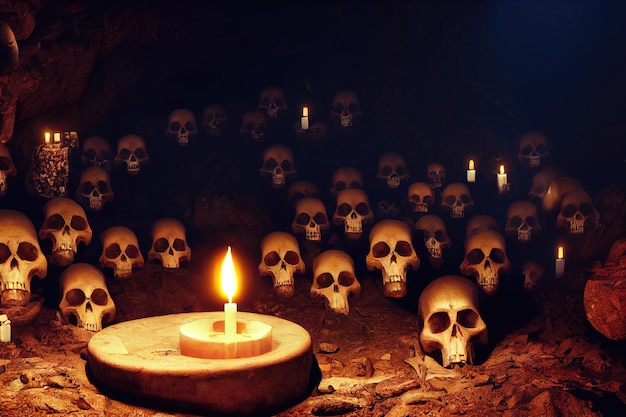 Creepy ancient cave with burning candles and skulls. An old abandoned grotto with bones.