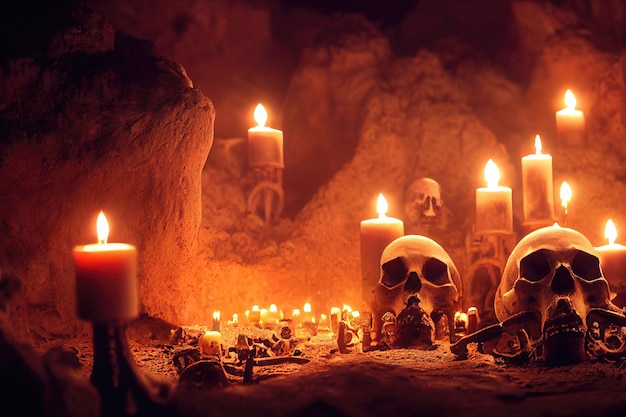 Creepy ancient cave with burning candles and skulls. An old abandoned grotto with bones.