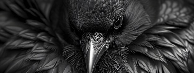 Creepy black crow or raven on dark background Mysterious magic bird Horror and Halloween