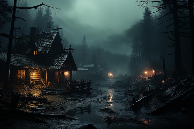 Creepy Cabin in Misty Stormy Forest at Night Atmospheric Scene