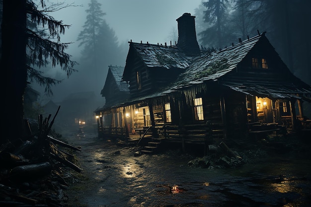 Creepy Cabin in Misty Stormy Forest at Night Atmospheric Scene