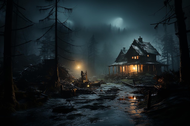 Creepy Cabin in Misty Stormy Forest at Night Atmospheric Scene