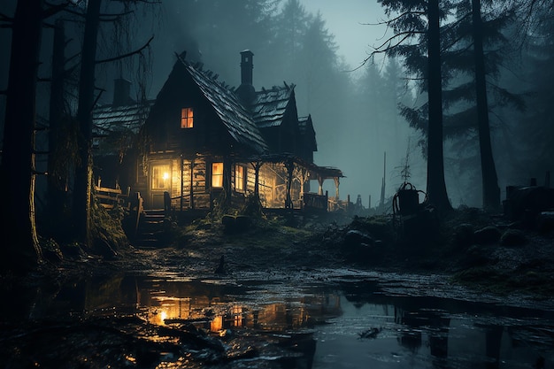 Creepy Cabin in Misty Stormy Forest at Night Atmospheric Scene