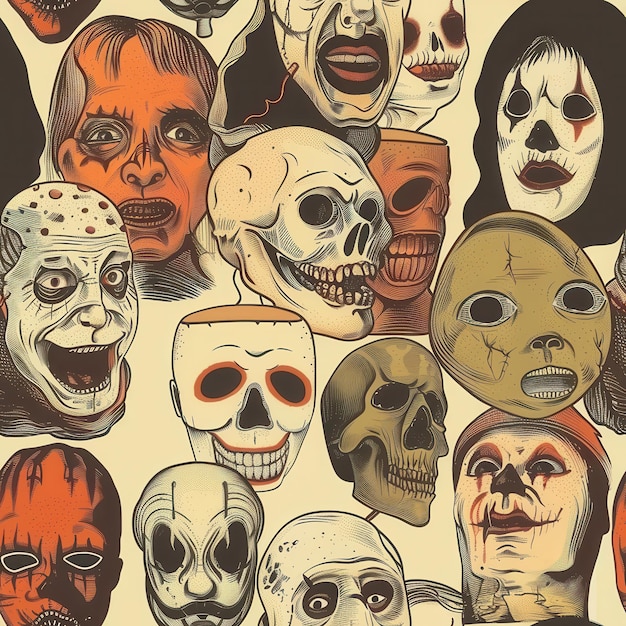 Creepy Cartoon Masks Halloween Illustration