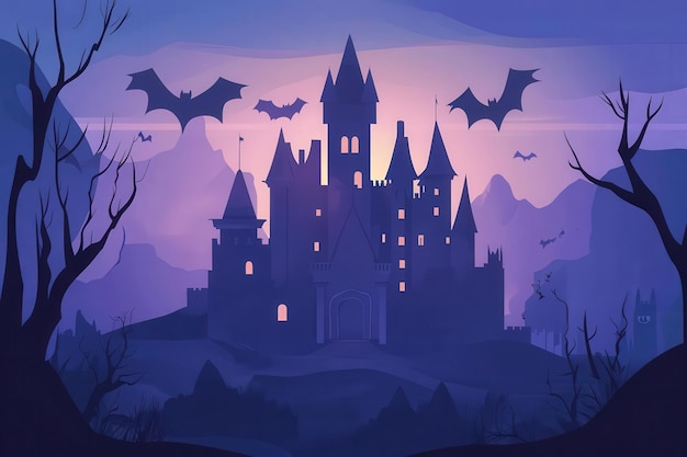 Photo creepy castle with bats dark and mysterious flat design illustration