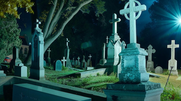 Creepy cemetery at night with haunted atmosphere