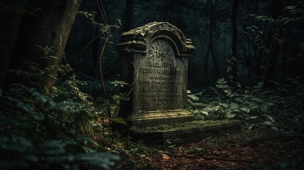 A creepy cemetery in the woods with the word spooky on the front.